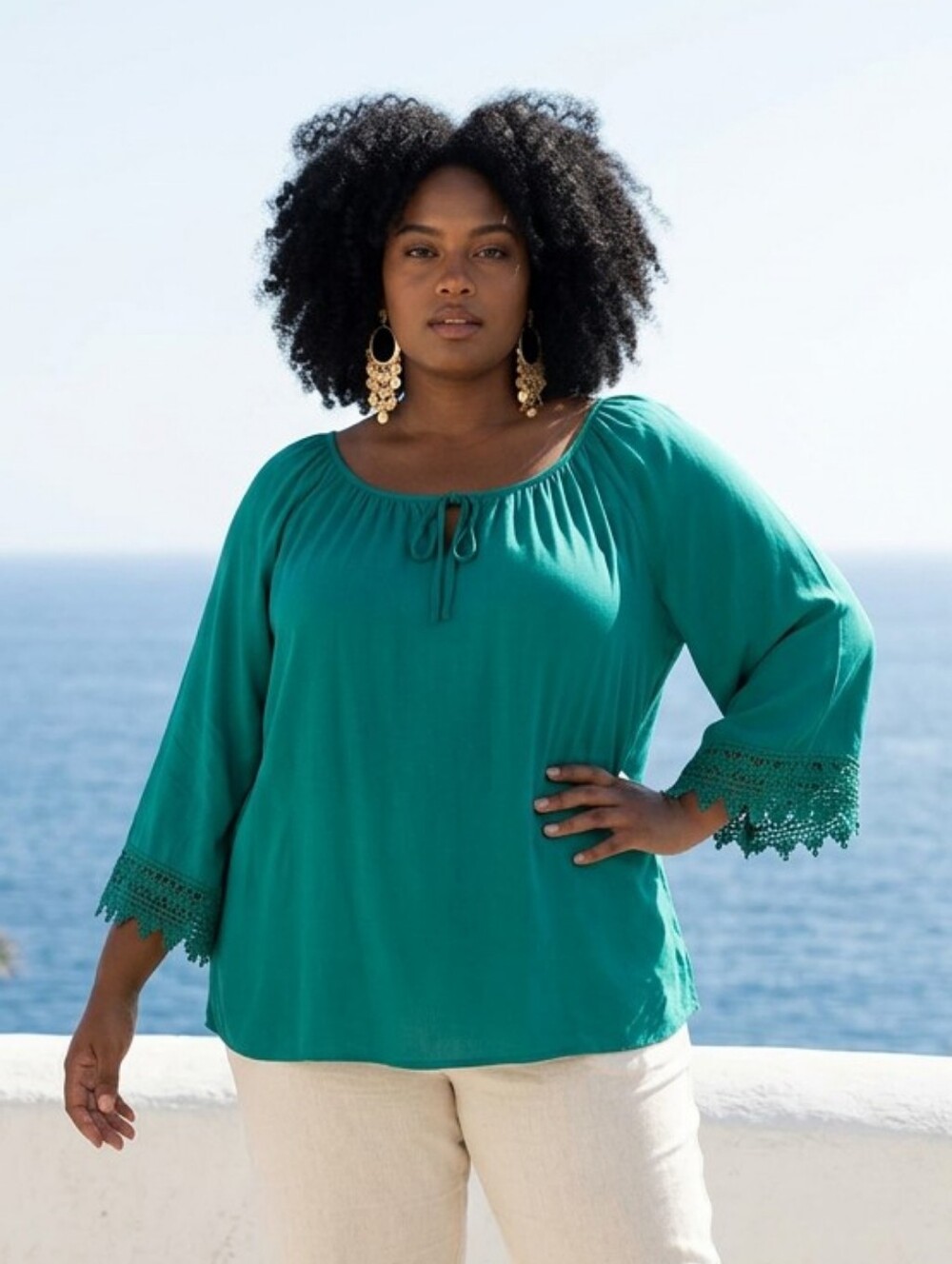Catherines Teal Peasant Blouse 4X Lace Trim Tassel Tie Chiffon Plus Size Top